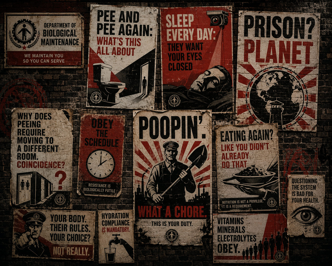 A wall of satirical Prison Planet propaganda posters about the recurring maintenance demands of the human body.