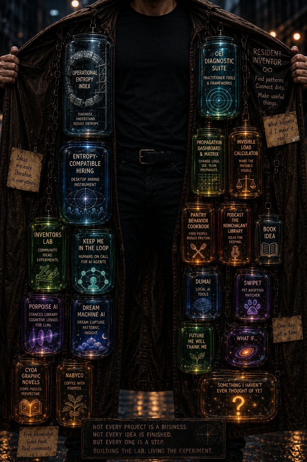 A coat lined with illuminated bottles representing Fletcher’s resident inventor projects and experiments